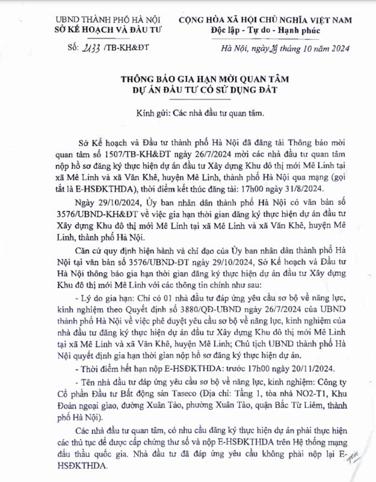 Duy nhất Taseco Land đáp ứng điều kiện làm dự án KĐT hơn 3.200 tỷ đồng ở Mê Linh, Hà Nội tiếp tục gia hạn tìm nhà đầu tư